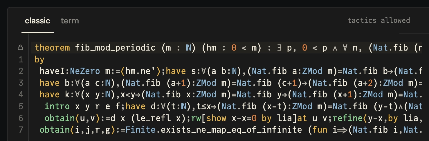 A cropped screenshot of a ridiculously ugly, dense proof of the periodicity of the Fibonacci sequence mod m.